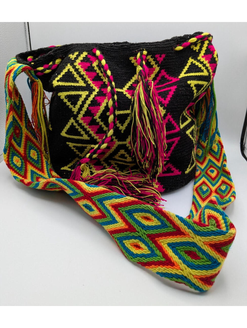 Colombian Wayuu Mochila Bag, Authentic, Handmade, Crochet, Black, Multicolor